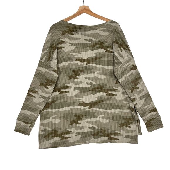 American Eagle V Neck Sweater Sz L Side Slits Camo Olive Green Waffle Knit Boho - Picture 8 of 8